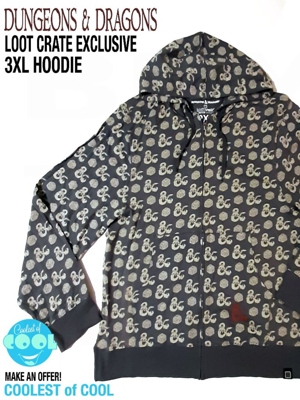 Dungeons and Dragons hoodie men's XXL D&D logo Lootcrate exclusive comfy zip up